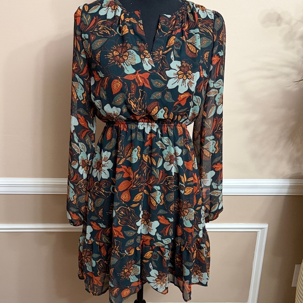 Floral Long Sleeve Elastic Waist Mini Dress - Black/Teal/Orange